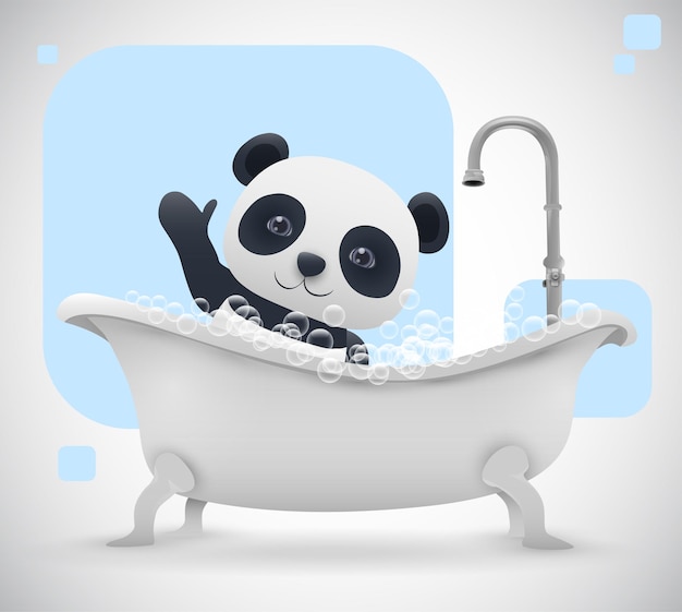 Vector funny panda bathes in the bathroom with foam