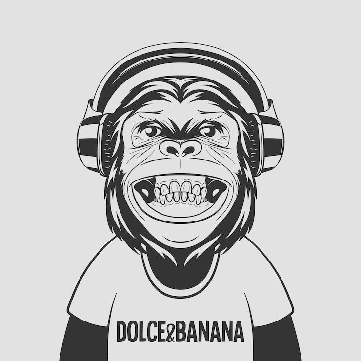 Vector ベクトル面白い笑みを浮かべて黒と白のモノクロ チンパンジー猿とヘッドフォン幸せな猿壁アート t シャツ プリント ポスター漫画かわいいチンパンジー猿