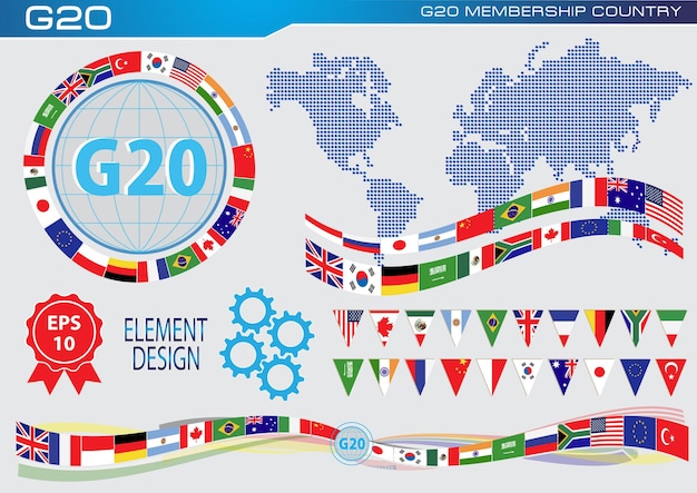 Vector vector g20 illustration country flag flags of the world flag set g20 world map background