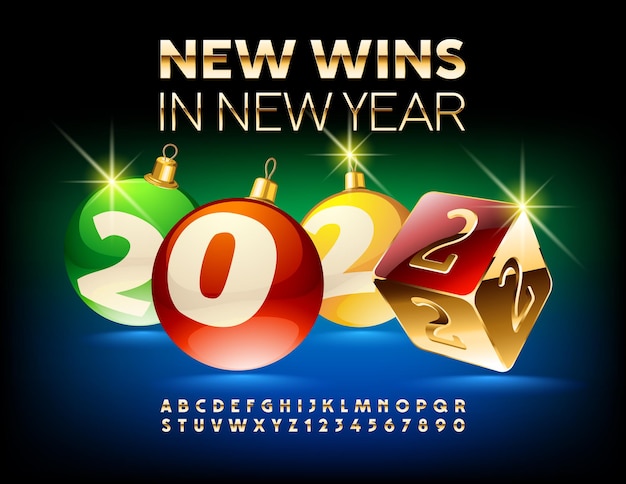 Vector vector gambe greeting card new wins in new year 2022 christmas balls and casino dice gold alphabet