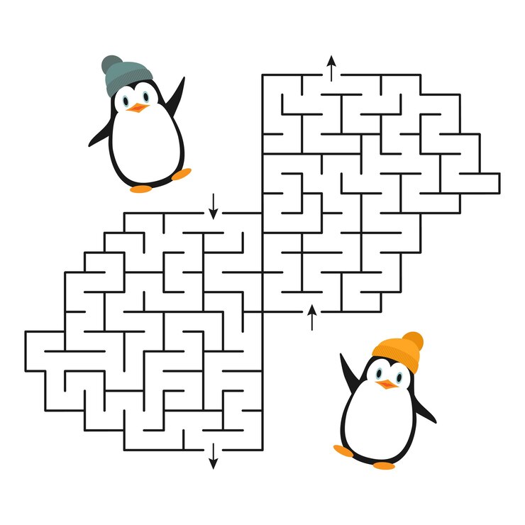 Vector vector game a labyrinth for two with cute cartoon penguins for teaching children
