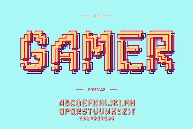 Vector gamer lettertype 3d vet stijl trendy alfabet voor feest poster kinderen boek t shirt flyer decoratie kaart verkoop banner druk op stof industriële coole lettertype 10 eps