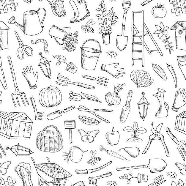 Vector gardening doodle seamless pattern