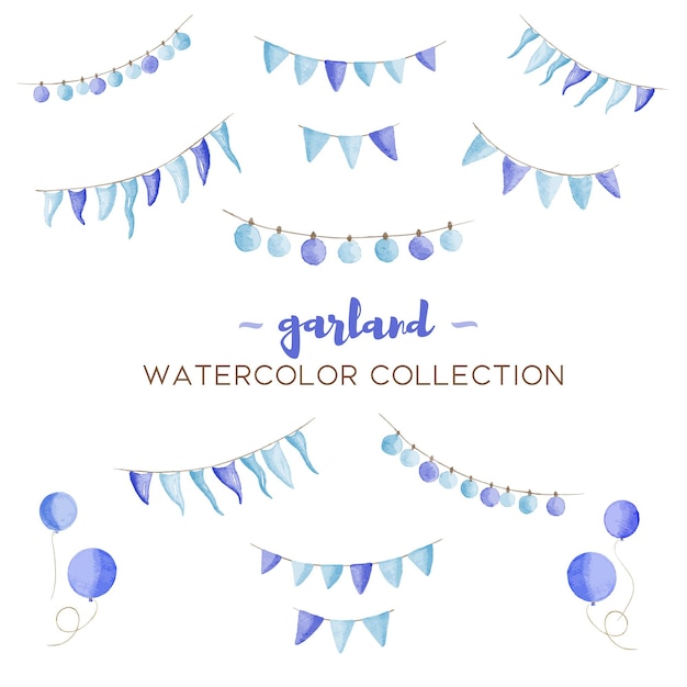 Vector garland and flags blue designs in various watercolor styles for graphic designs and card