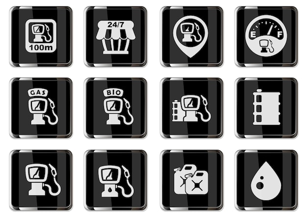 Vector gas station pictograms in black chrome buttons. icons set for user interface design