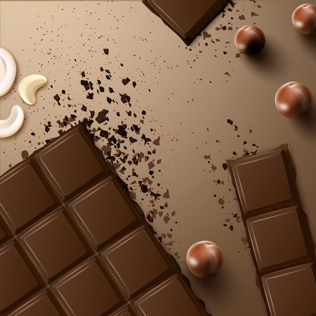 Vector gebroken donkere bittere chocoladereep met cashewnoten en macadamia noten bovenaanzicht op beige oppervlak