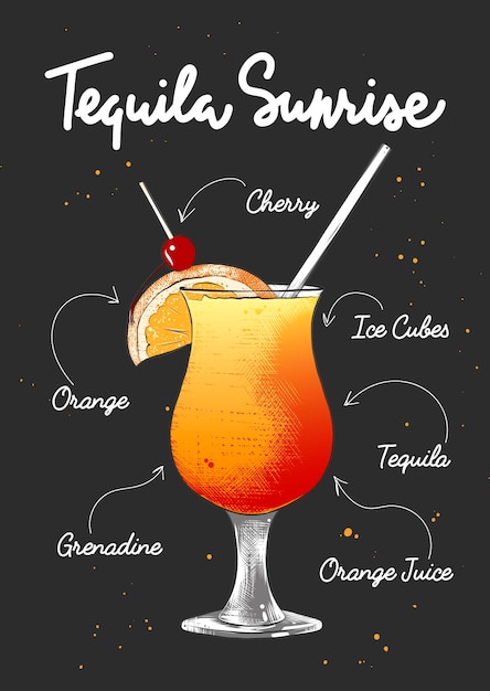 Vector gegraveerde stijl Tequila Sunrise cocktail illustratie voor posters decoratie logo en print