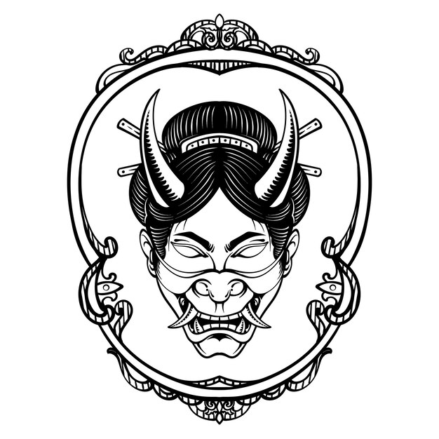 Vector vector geisha with hannya mask and ornament frame tshirt design