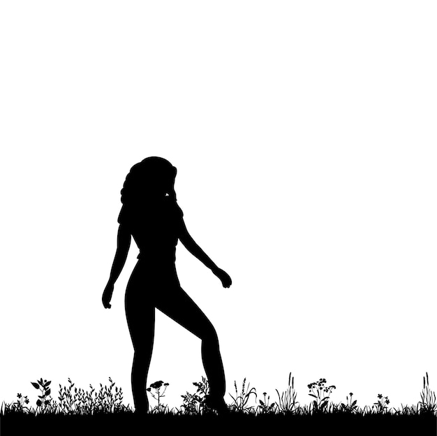 Vector geïsoleerd silhouet meisje danst prachtig op de natuur
