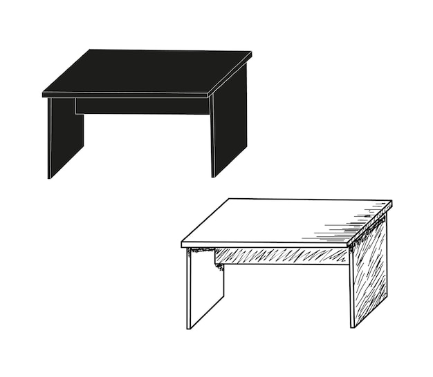 vector geïsoleerd silhouet van tafel en schets van tafel