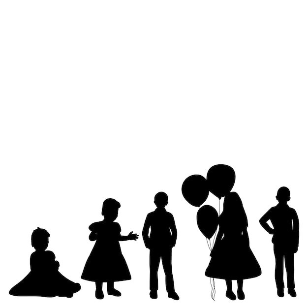 Vector, geïsoleerd, zwart silhouet kinderen, vrienden, ballen