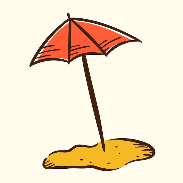 Vector geïsoleerde doodle afbeelding strandparasol op het zand zomer zee of oceaan vakantie sticker