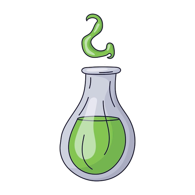 Vector geïsoleerde doodle illustratie van laboratorium kolf met groene magische gif. Halloween overzicht pictogram.