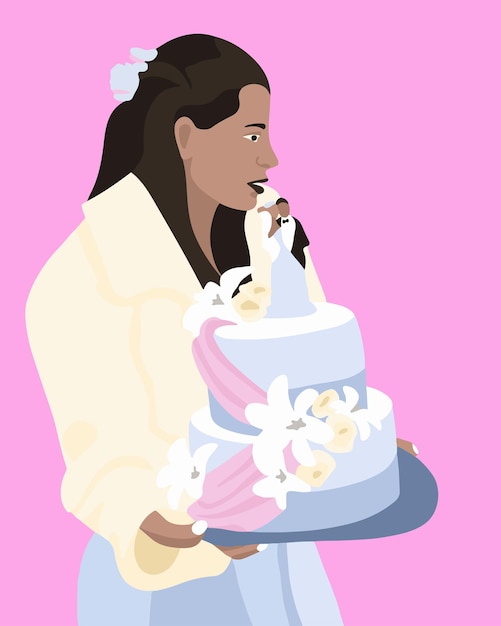 Vector geïsoleerde illustratie van een bruid die een cake houdt.