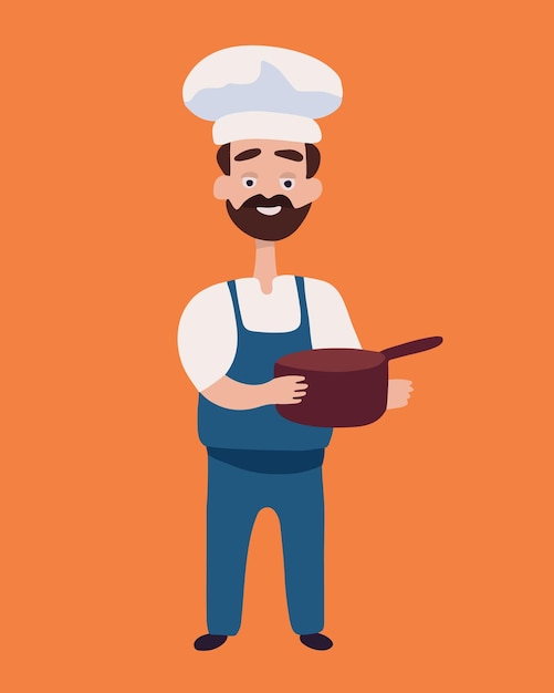 Vector vector geïsoleerde illustratie van een chef-kok met een pan in zijn handen koken cook-diensten