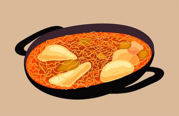 Vector geïsoleerde illustratie van koekenpan met stukjes noedels, kip en specerijen Koreaanse keuken
