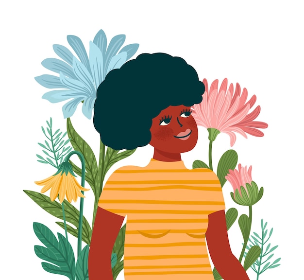 Vector geïsoleerde illustratie van schattige vrouw met bloemen International Women's Day concept voor kaart poster flyer en andere