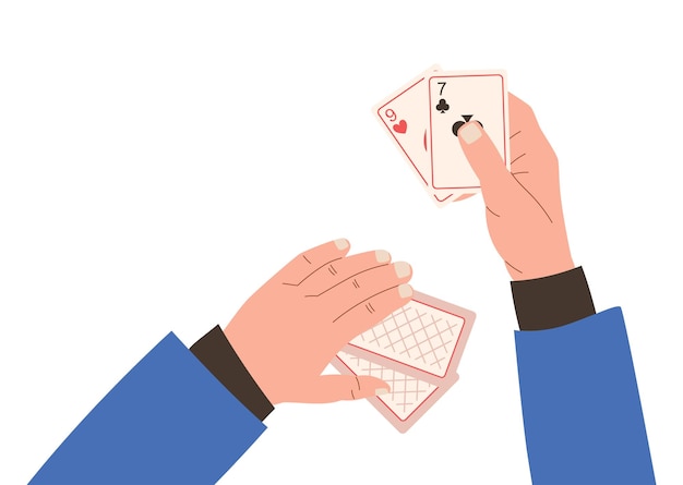 Vector geïsoleerde mannelijke handen in een pak met speelkaarten het concept van het bord logica spel poker vlakke stijl