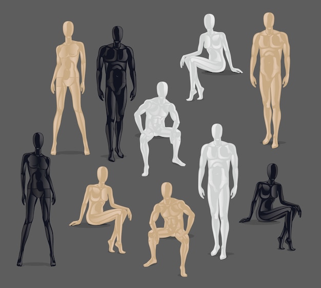 Vector geïsoleerde mannequins. verschillende poses en kleuren mannelijke en vrouwelijke mannequin pictogrammen.