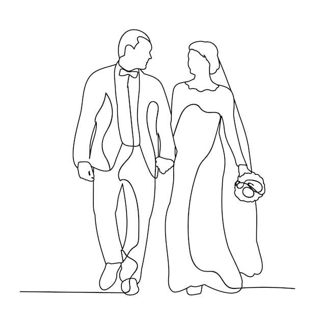 Vector geïsoleerde schets van de bruid en bruidegom bruiloft eenvoudige lijnen