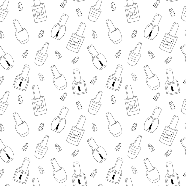 Vector gel polish glass bottles seamless pattern Hand drawn gel polish bottles different shapes background