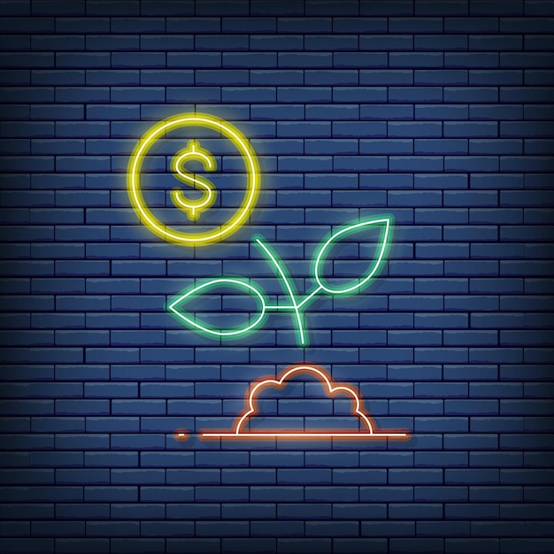 Vector geldboom geld besparen investeren neon teken Vectorillustratie in neon stijl