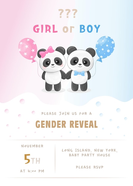 Vector gender reveal party invitation template with cute little panda boy and girl and balloons