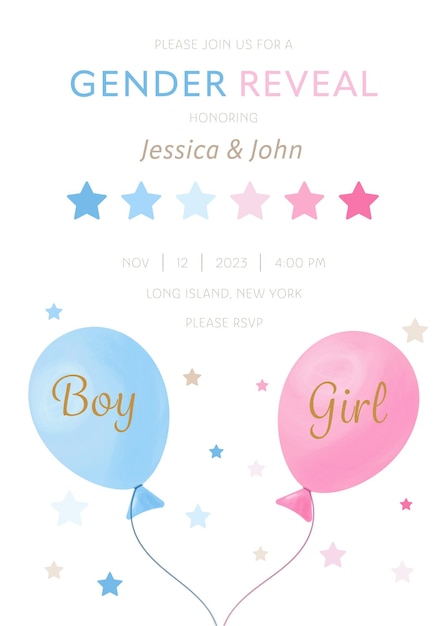 Вектор Векторный гендер раскрывает шаблон приглашения на вечеринку с розовыми и голубыми воздушными шарами