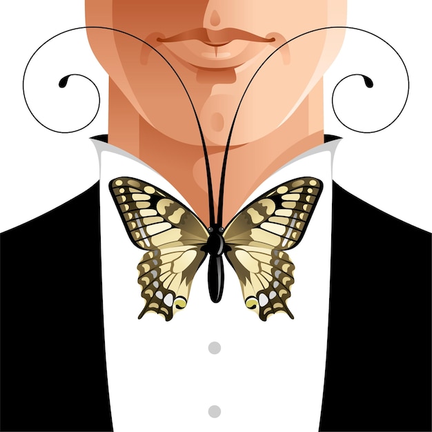 Vector gentleman in tuxedo and elegant butterfly tie fashion concept with black man suit tie bow jacket hipster style illustration for wedding design music orchestra conductor fashion male face