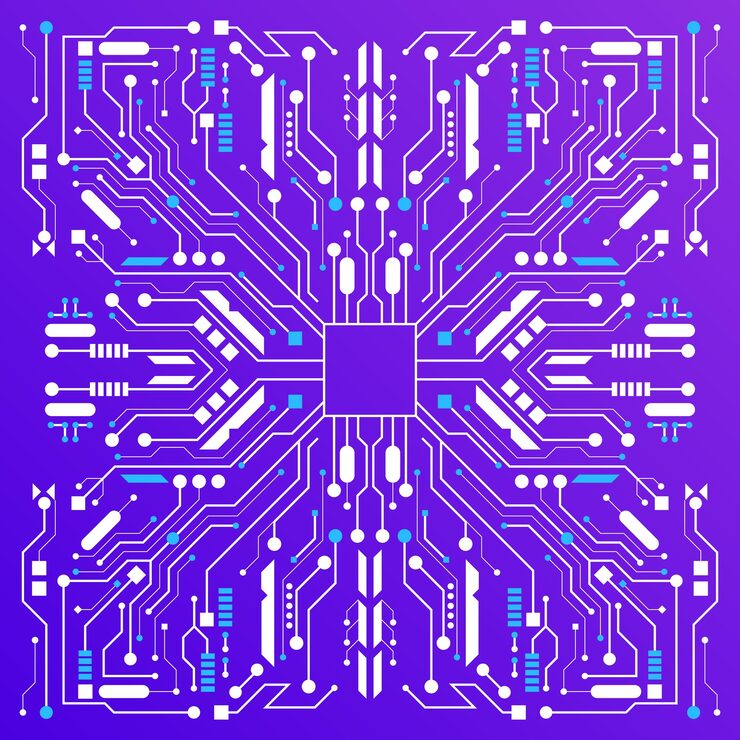 Vector vector geometric frame with computer chip pattern technological background with symmetric thin lines and dots of microprocessor abstract ornament texture design for hardware development technology