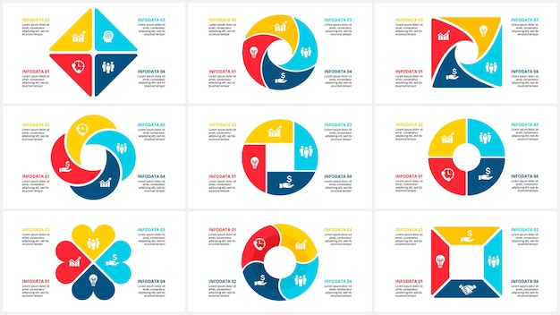 Set di infografiche geometriche vettoriali modello per diagrammi di ciclo con 4 opzioni di parti o processi