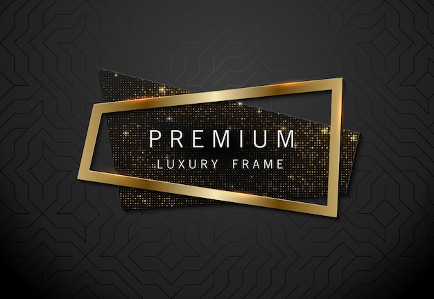 Banner di paillettes scintillanti geometriche vettoriali con cornice dorata su sfondo nero design di etichette premium per logo o slogan di copertina