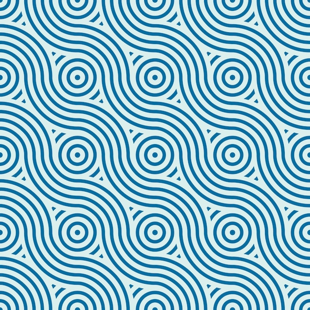 Vector geometrische naadloze patroon, abstracte eindeloze compositie gemaakt met overlay krullen en cirkels. Blauwe achtergrond met verstrengelde bochten.
