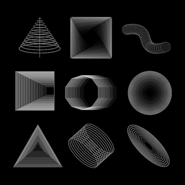 Vector geometrische vormen instellen. Abstracte vormen. Brute ontwerpelementen. Abstracte gemengde geometrische objecten. brutalisme. Brute Design stijl iconen op zwarte achtergrond. Bewegingselementen. vector illustratie