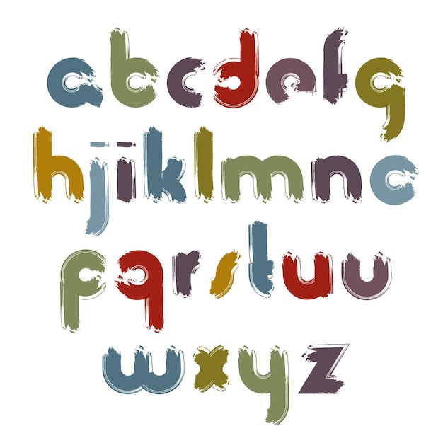 Vector geschilderd alfabet letters set, handgetekende kleurrijke script, heldere geborsteld kleine letters.