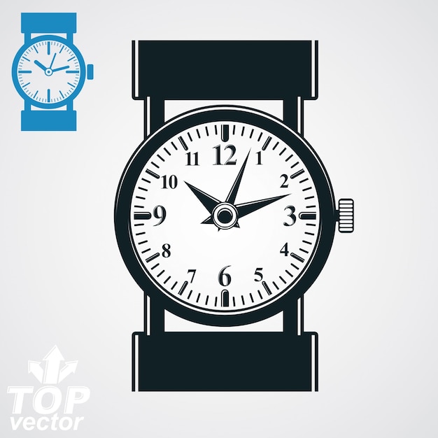 Vector gestileerde zwart-wit polshorloge illustratie, elegant gedetailleerd quartz horloge met wijzerplaat en een uurwijzer. Retro band horloge, symbolisch uurwerk. Web business design element - tijd idee.