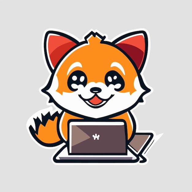 vector getekende rode cartoon vos die aan een laptop werkt en glimlacht op een grijze achtergrond