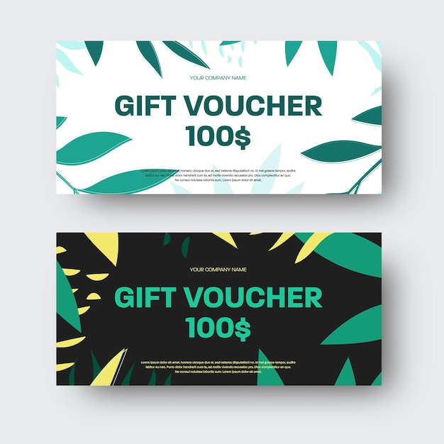 Vector gift vouchers certificate with modern design tropical exotic leaves in green yellow on white black background Greeting card with illustration cover for brand store advertising Set