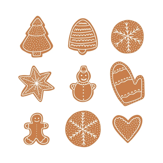 Векторное имбирное печенье Рождественский набор Плоское рождественское печенье различной формы с набором белой глазури