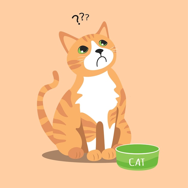 Vector ginger tabby cat with white breast Domestic pet kitten sits near an empty bowl Hungry cat