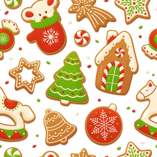 Vector gingerbread cookies. Xmas seamless background