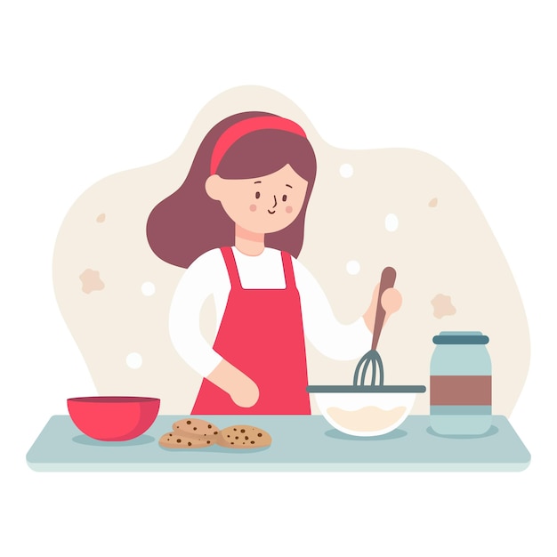 Vector girl baking cookies in the kitchen flat style vector illustration