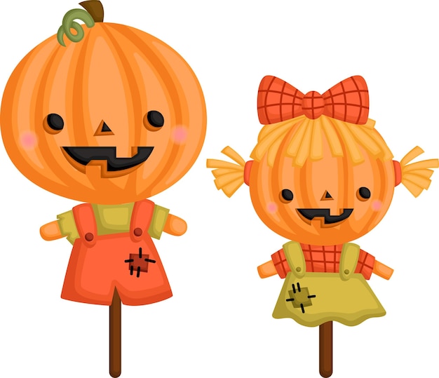 A vector of a girl and boy scarecrows made from Halloween pumpkin
