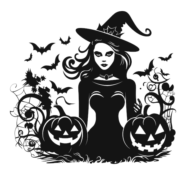 Vector girl cartoon in costume halloween witch with halloween pumkin happy halloween on white