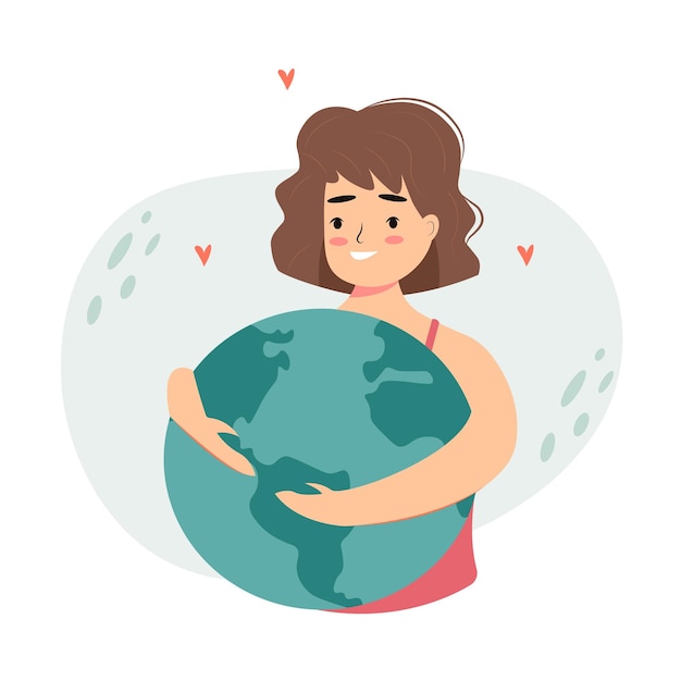 Vector the girl holds a globe, the globe in her hands, the protection of nature, zero waste ecology