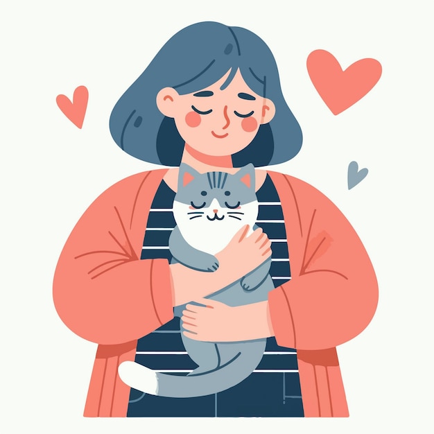 Vector girl hugging cat with love