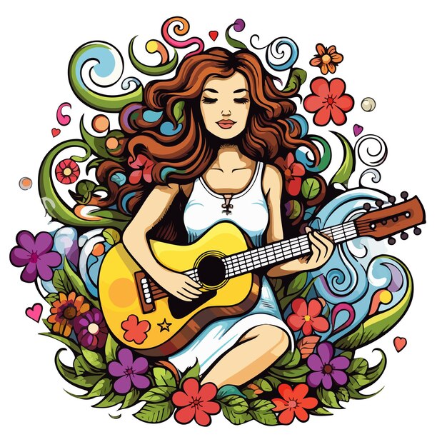 vector girl with guitar and flowers