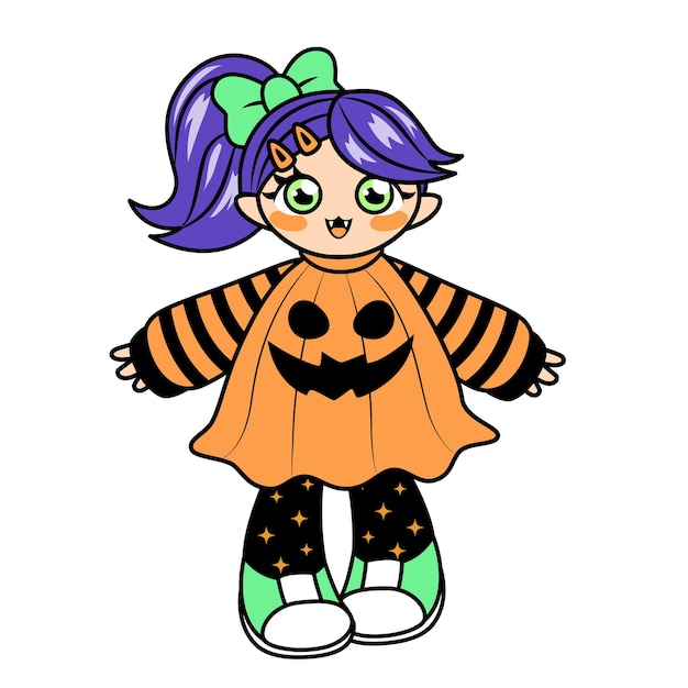 Vettore ragazza vettoriale con costume da zucca di halloween