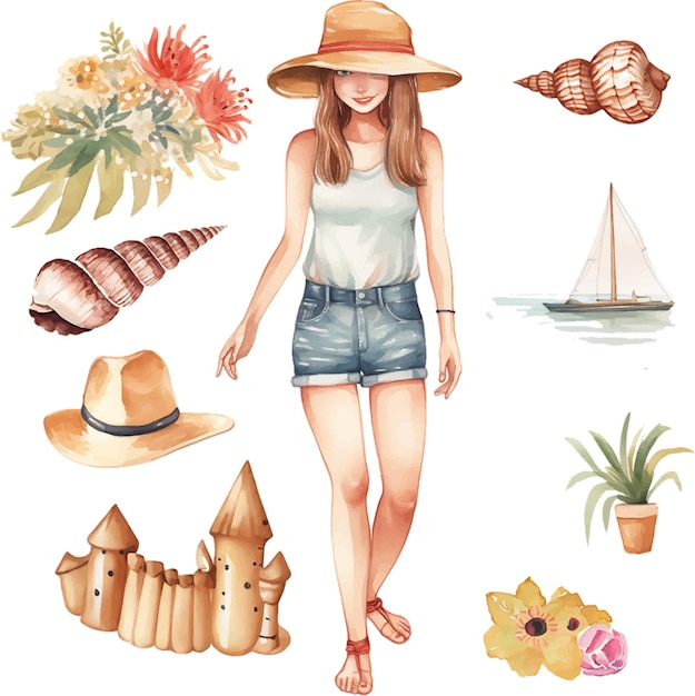 Vector vector girl with hat beach clipart seashells sand castle flowers with watercolor