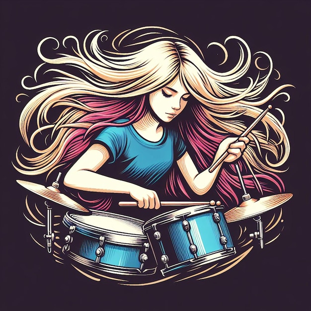 Vector a girl with headphones is playing drums